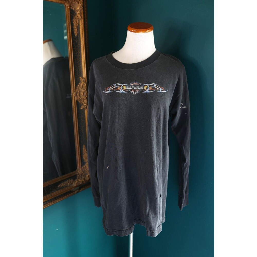 Vintage Y2K Harley-Davidson Long Sleeve Faded Trashed T-Shirt Flame Grunge